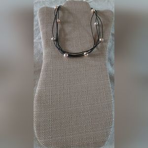 Handmade Light Pink & Silver Pearl & Black Leather Necklace